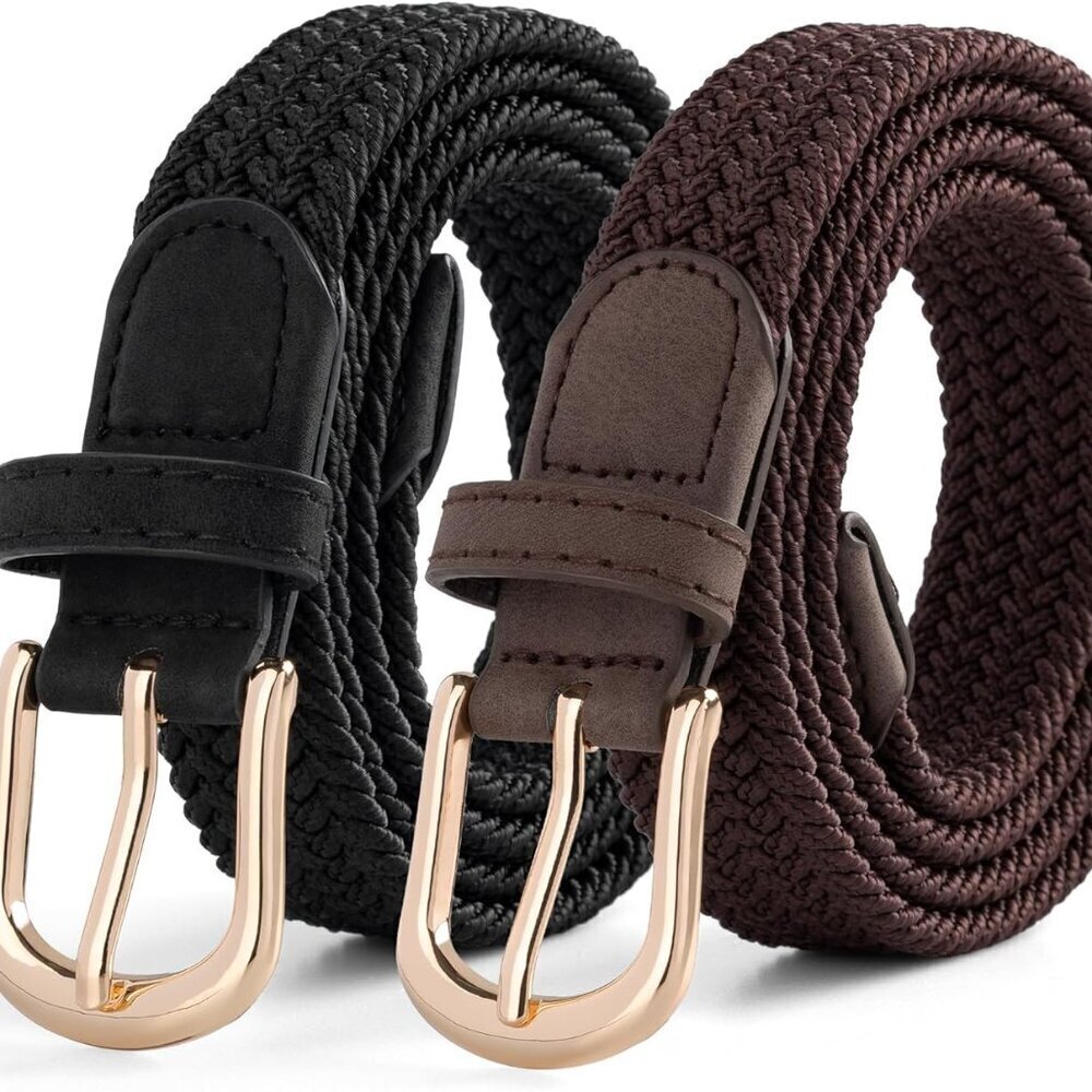 2 Pack Elastic Braided Belts for Women Gold Buckle Adjustable Stretch